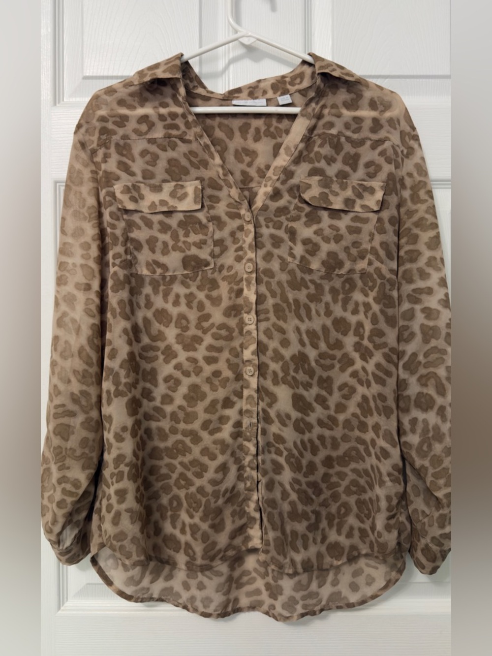 New York & Company Sheer Leopard Print Button-Down Blouse in Taupe and Brown